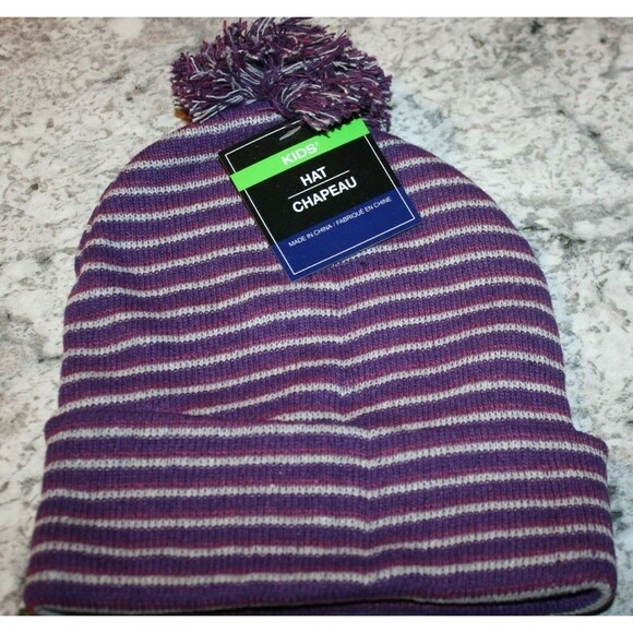 KID'S STRIPE KNIT WINTER POM POM HAT PURPLE/ WINE STRIPPED WARM NEW BOY'S GIRL'S - Picture 1 of 2